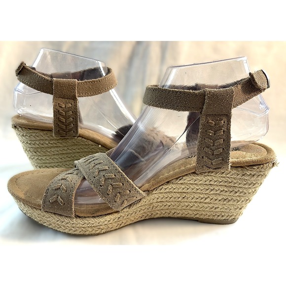 Minnetonka Brown Suede Wedge Sandals‎ Espadrille Ankle Strap Fringe Details Sz 9 - Picture 4 of 5